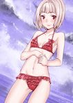  bikini breasts deras frilled_bikini frills looking_at_viewer navel ocean original red_eyes short_hair small_breasts solo swimsuit white_hair 