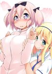  2girls blue_eyes blush bow breast_grab breasts cleavage grabbing hair_bow hairband hibari_(senran_kagura) highres jacket katsuragi_(senran_kagura) large_breasts long_hair multiple_girls necktie pink_hair senran_kagura senran_kagura_shoujo-tachi_no_shin'ei short_hair simple_background symbol-shaped_pupils tera_zip track_jacket twintails wavy_mouth zipper 