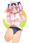  1girl :o ahoge blush blush_stickers bow buruma hair_bow hibari_(senran_kagura) highres jacket navel pink_hair senran_kagura senran_kagura_shoujo-tachi_no_shin'ei solo sweat symbol-shaped_pupils track_jacket yu_3 