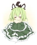  :3 a-iueo blush closed_eyes dress ghost_tail green_dress green_hair hat hat_ribbon highres long_sleeves oversized_clothes ribbon scarf simple_background soga_no_tojiko solo touhou white_background wide_sleeves younger 