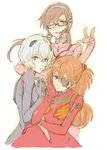  ayanami_rei black_bodysuit blue_eyes blue_hair bodysuit brown_hair chin_rest evangelion:_3.0_you_can_(not)_redo eyepatch glasses hairband long_hair looking_at_viewer makinami_mari_illustrious mogeco multiple_girls neon_genesis_evangelion one_eye_closed orange_hair pink_bodysuit plugsuit rebuild_of_evangelion shikinami_asuka_langley short_hair smile souryuu_asuka_langley twintails v w 