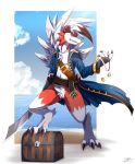  coin gold_(metal) gold_coin ivan-jhang jewelry lycanroc melee_weapon midnight_lycanroc nintendo pirate pirate_coat pok&eacute;mon pok&eacute;mon_(species) sky sword treasure_chest video_games weapon 