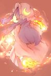  book bow buruxugi crescent dress fire hair_bow hat highres long_hair open_mouth patchouli_knowledge purple_eyes purple_hair solo touhou 