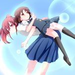  :&gt; atago_hiroe banderasu blush brown_eyes brown_hair himematsu_school_uniform kakura_kurumi lifting locked_arms long_hair miyamori_school_uniform multiple_girls ponytail red_eyes red_hair saki school_uniform short_hair smile sweatdrop uniform_vest 