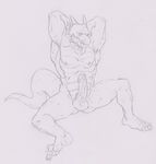  anthro arms_behind_head balls biceps claws dragon erection fangs flexing gingertail horn licking licking_lips male muscles nipples nude pecs penis pose reptile scales scalie sitting sketch solo toe_claws tongue vein 