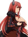  blush breasts cleavage covered_nipples demon_girl demon_horns dress fur_trim highres horns huge_breasts long_hair maou_(maoyuu) maoyuu_maou_yuusha open_mouth parted_lips profile red_eyes red_hair simple_background solo umakatsuhai upper_body very_long_hair white_background 