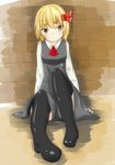  boots brick_wall eyebrows frown highres patochan rumia sitting solo touhou 