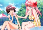  2girls absurdres bikini blue_eyes brown_hair fence food haramura_nodoka highres ice_cream kobayashi_ritsu kobayashi_ritz long_hair miyanaga_saki multiple_girls official_art pink_hair popsicle red_eyes saki sasaki_masakatsu short_hair swimsuit 