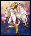  avian beak bird breasts brown_hair chinese_dragon claws dragon egyptian_vulture eva_(ozawk) female flying fur hair hybrid looking_at_viewer nipples nude rotarr solo vulture white_feathers white_fur wings 