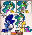  anthro anthrofied apron blue_hair cake comic cream crown cutie_mark dress english_text equine female food friendship_is_magic hair horn horse icing long_hair looking_at_viewer mammal messy multi-colored_hair my_little_pony newyorkx3 pony princess_celestia_(mlp) princess_luna_(mlp) purple_eyes royalty sibling sisters teal_eyes text tiara trolling winged_unicorn wings 