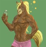  anthro biceps blonde_hair boxers brown_fur bubble bubbles clothed clothing equine fur gingertail green_eyes hair half-dressed horse looking_at_viewer male mammal muscles nipples pecs pose shorts solo standing toned topless underwear water water_bottle 