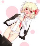  blonde_hair blush dress_shirt fang hair_ribbon highres koji_(kohei66) necktie open_clothes open_mouth open_shirt panties red_eyes red_neckwear ribbon rumia shirt short_hair skirt skirt_pull solo tears touhou underwear white_panties 