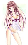  1girl bow bra brown_hair collarbone female frilled_panties frills kisuiaki long_hair looking_at_viewer original panties purple_eyes ribbon simple_background solo underwear white_background white_panties 