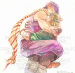  blonde_hair boots caesar_anthonio_zeppeli facial_mark feathers fingerless_gloves gloves headband hug jojo_no_kimyou_na_bouken joseph_joestar_(young) multiple_boys purple_hair scarf text_focus translated yukasu 