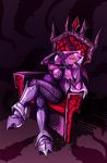  animal_ears armor bat_ears boots breasts collar darksy head_wings highres large_breasts mystwell purple_skin smile solo throne white_hair yellow_eyes 