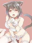  animal_ears arm_support bare_shoulders black_hair blush bra breasts cleavage collar cupping_hand deyuuku garter_straps gloves large_breasts no_shoes open_mouth original panties red_background red_eyes short_hair simple_background sitting solo tail thighhighs tongue tongue_out underwear underwear_only wariza white_bra white_legwear white_panties 