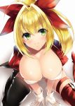  1girl ahoge black_legwear blonde_hair breasts cleavage closed_mouth collarbone downblouse fate/grand_order fate_(series) from_above gloves green_eyes hair_intakes kurumi_moka large_breasts looking_at_viewer mismatched_legwear nero_claudius_(fate) nero_claudius_(fate)_(all) ponytail race_queen red_legwear shiny shiny_skin short_hair simple_background sitting smile solo thighhighs thighlet wariza white_background white_gloves 
