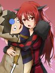  :o anti_(untea9) armor blush breasts brown_hair choker dakimakura_(object) demon_girl dress fur_trim highres horns hug large_breasts long_hair looking_at_viewer maou_(maoyuu) maoyuu_maou_yuusha open_mouth pillow pillow_hug red_eyes red_hair smile sweatdrop sword v-shaped_eyebrows weapon yuusha_(maoyuu) 