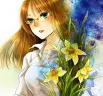  bad_id bad_pixiv_id brown_hair daffodil flower glasses green_eyes lips long_hair mitsu7621 original plant upper_body 