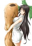  ass black_hair bow breasts brown_eyes dakimakura_(object) hair_bow highres large_breasts long_hair looking_at_viewer naked_sweater niwatazumi pillow reiuji_utsuho ribbed_sweater shirt simple_background sleeveless sleeveless_shirt solo sweater touhou white_background 