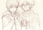  alternate_costume cup ikari_shinji looking_at_another male_focus mogeco mug multiple_boys nagisa_kaworu neon_genesis_evangelion sketch smile 