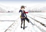  bag black_legwear brown_eyes brown_hair earmuffs footprints hair_ornament hairclip looking_at_viewer necktie original pantyhose pleated_skirt scenery school_bag school_briefcase school_uniform short_hair skirt smile snow sody solo 