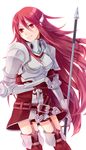  armor armored_dress fire_emblem fire_emblem:_kakusei garter_straps gauntlets hair_ornament kiyuu long_hair polearm red_eyes red_hair skirt solo spear thighhighs tiamo very_long_hair weapon 