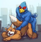  all_fours anal anal_penetraiton anal_penetration anthro ass_up avian beak bent_over bird black_nose blue_feathers boulevard brown_fur canine city cum doggystyle duo erection eyes_closed falco_lombardi fox fox_mccloud from_behind fur gay hands-free happy humanoid_penis interspecies lombardi macro male mammal nintendo nude open_mouth orange_fur orgasm penetration penis raised_tail red_feathers sex smile star_fox teeth toned video_games white_fur 