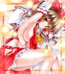  armpits arms_up ascot at_classics bare_legs bow breasts brown_eyes brown_hair covered_nipples detached_sleeves gohei hair_bow hakurei_reimu large_breasts long_hair looking_at_viewer marker_(medium) no_bra sample smile solo touhou traditional_media underboob 