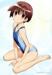  1girl absurdres barefoot brown_hair feet female flat_chest highres kobayashi_ritsu kobayashi_ritz miyanaga_saki official_art red_eyes saki sasaki_masakatsu short_hair simple_background solo swimsuit toes white_background 