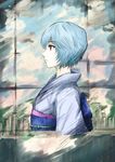  ayanami_rei bad_id bad_pixiv_id blue_hair cibo_(killy) cityscape cloud japanese_clothes kimono neon_genesis_evangelion pale_skin profile red_eyes short_hair solo 