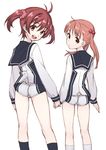  :d ass bad_id bad_pixiv_id brown_eyes brown_hair from_behind holding_hands isshiki_akane isshiki_momo long_hair looking_back matsuryuu multiple_girls national_shin_ooshima_school_uniform open_mouth petite red_hair school_uniform short_hair short_shorts shorts siblings sisters smile twintails vividred_operation 