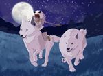 female mononoke_hime moon night polearm riding san san_(mononoke_hime) spear studio_ghibli wolf 