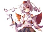  animal_ears bad_id bad_pixiv_id bare_shoulders detached_sleeves hat head_tilt inubashiri_momiji red_eyes short_hair silver_hair simple_background smile solo sword tokin_hat touhou velia weapon white_background wolf_ears 