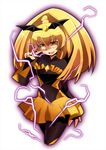  bad_end_peace bad_end_precure bat black_bodysuit blonde_hair bodysuit dark_persona earrings electricity jewelry long_hair maho_(boku_no_kao_wo_otabeyo) open_mouth ponytail precure skirt smile smile_precure! solo tiara v yellow_eyes 