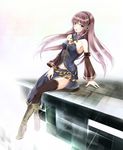  aqua_eyes arm_support bad_id bad_pixiv_id black_legwear boots cross-laced_footwear hairband highres kisuiaki lace-up_boots long_hair looking_at_viewer megurine_luka open_mouth purple_hair simple_background sitting solo thighhighs vocaloid white_background yellow_footwear zettai_ryouiki 