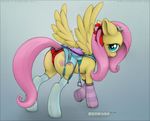  blue_eyes blush color cutie_mark ecmajor equine female feral fluttershy_(mlp) friendship_is_magic garter_belt hair horse legwear lingerie looking_back mammal my_little_pony panties pegasus pink_hair plain_background pony saddle simple_background socks solo stockings underwear wings 