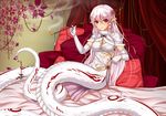  bed bed_sheet bedroom blush breasts china_dress chinese_clothes cleavage dress flower gloves hair_ornament highres holding holding_pipe kiseru kyara_akaro lamia long_hair looking_at_viewer medium_breasts midnight_(banyex) monster_girl original pillow pink_hair pipe pointy_ears red_eyes smile smoke smoking solo tail white_gloves 