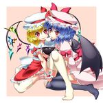  absurdres bat_wings black_legwear blonde_hair blue_hair blue_panties bow bowl brooch cheek-to-cheek flandre_scarlet food hand_on_own_knee hat hat_ribbon highres jewelry md5_mismatch mochi multiple_girls panties pantyshot pantyshot_(sitting) pink_panties puffy_sleeves raionsan red_eyes remilia_scarlet ribbon shared_food shirt short_sleeves siblings sisters sitting skirt skirt_set striped striped_panties thighhighs touhou underwear wagashi white_legwear wings wrist_cuffs 