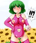  1girl armpit_hair bare_shoulders blush breasts colored_pubic_hair crotchless_clothes elbow_gloves flower gloves green_hair hand_on_hip kazami_yuuka large_breasts looking_down navel nippleless_clothes nipples open_mouth pubic_hair pussy red_eyes short_hair solo sukedai sunflower sweat thighhighs touhou umbrella 