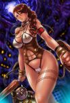  armor blue_eyes boken_fantasy braid branwen breasts brown_hair cleavage collar dogura heterochromia highres large_breasts leash queen's_blade queen's_blade_rebellion red_eyes revealing_clothes shield single_braid standing sword tattoo weapon 