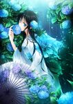  black_hair blue_eyes drugstore04 flower hydrangea japanese_clothes kimono long_hair original rain solo umbrella wet 