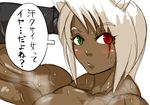  animal_ears breasts dark_skin female gloves heterochromia muscle white_hair zangi 