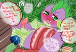  abdominal_bulge anal anal_penetration angry balls blush dialog dialogue discord_(mlp) dragon drooling duo friendship_is_magic gay grass green_eyes male my_little_pony open_mouth penetration penis precum saliva scalie spike_(mlp) spread_legs spreading text vein veins 