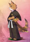  bleach cat clothing feline fur green_eyes male mammal orange_fur robe shinigami simple_background sword torheit torheit-die-katze weapon 