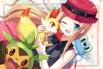  1girl bare_shoulders blue_eyes blush breasts brown_eyes brown_hair buck_teeth chespin fennekin froakie goggles hat holding long_hair mitsuki open_mouth orange_eyes pokemon pokemon_(game) pokemon_xy serena_(pokemon) skirt smile wink 