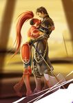  1girl armor axe blood brown_hair closed_eyes fire_emblem fire_emblem:_akatsuki_no_megami gloves haar hug jill_(fire_emblem) long_hair ponytail red_hair weapon yukopin 