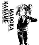  alternate_costume bad_id bad_pixiv_id bandaid bandaid_on_face character_name dddoochi1 formal greyscale hair_ribbon hand_in_pocket kaname_madoka mahou_shoujo_madoka_magica monochrome ribbon short_twintails solo suit thumbs_down twintails 