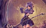  1girl armor black_legwear blood_elf blue_eyes breasts female gloves happy looking_at_viewer open_mouth plant pointy_ears purple_hair short_hair smile solo staff thighhighs tree warcraft weapon windforcelan world_of_warcraft zettai_ryouiki 