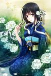  1girl black_hair blue_eyes drugstore04 female flower hair_ornament japanese_clothes kanji kimono long_hair looking_at_viewer original sitting snake solo traditional_clothes water 